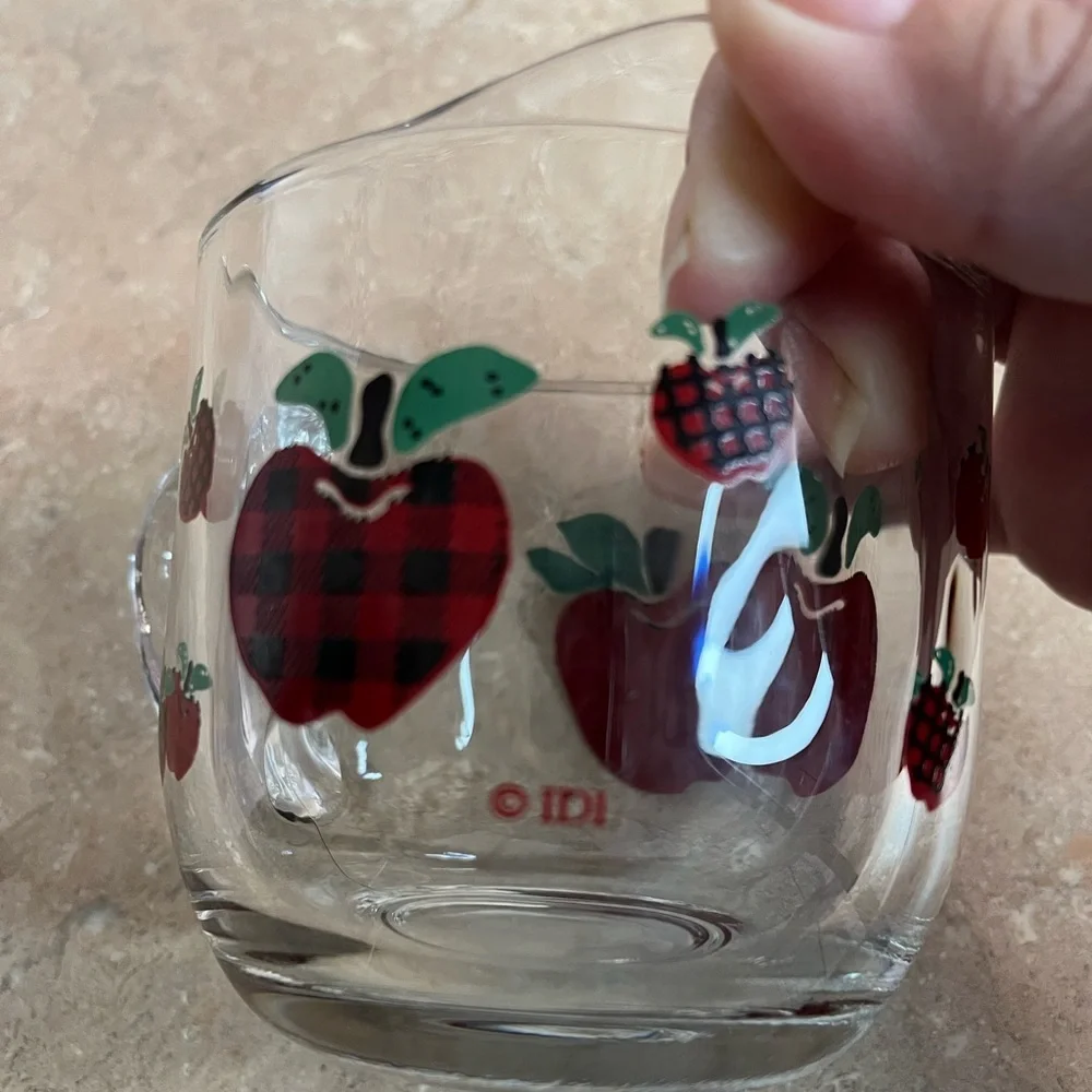 Vintage Clear Glass Creamer with Red Plaid Apples